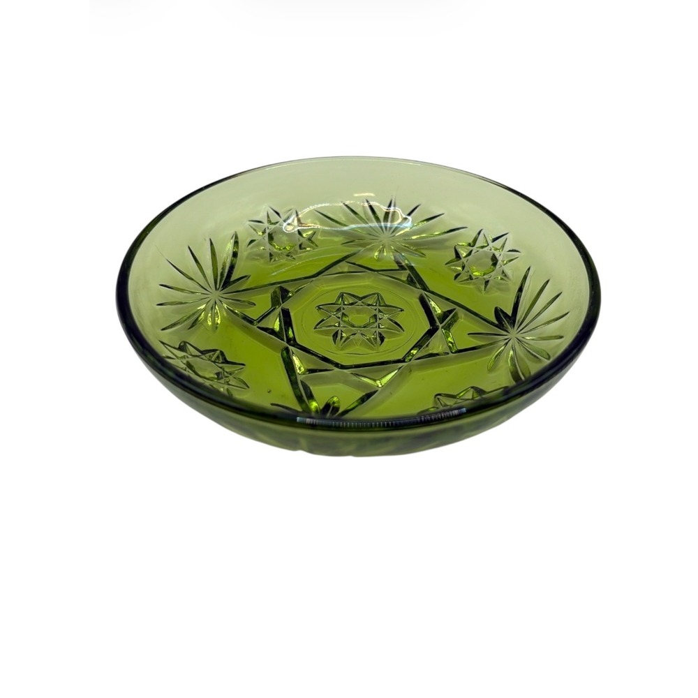 Vintage Anchor Hocking EAPC Star of David Green Glass Shallow Bowl Dish 5"